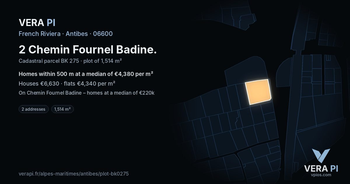 2 Chemin Fournel Badine, Antibes at night – the plot lit, the parcels around coloured by the prices near them