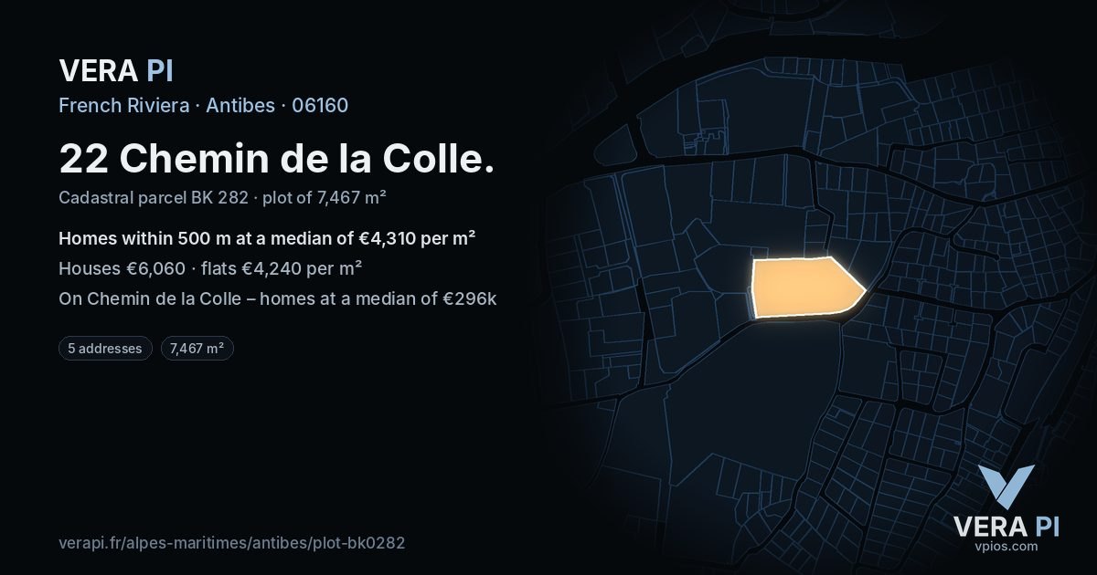 22 Chemin de la Colle, Antibes at night – the plot lit, the parcels around coloured by the prices near them