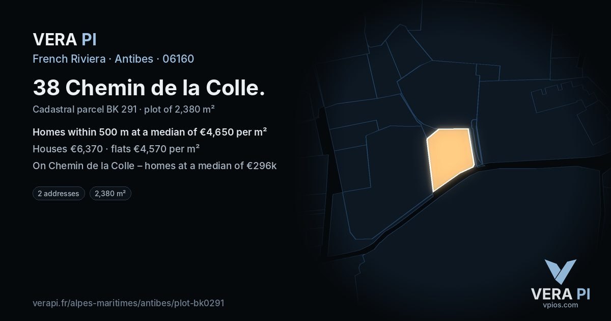 38 Chemin de la Colle, Antibes at night – the plot lit, the parcels around coloured by the prices near them