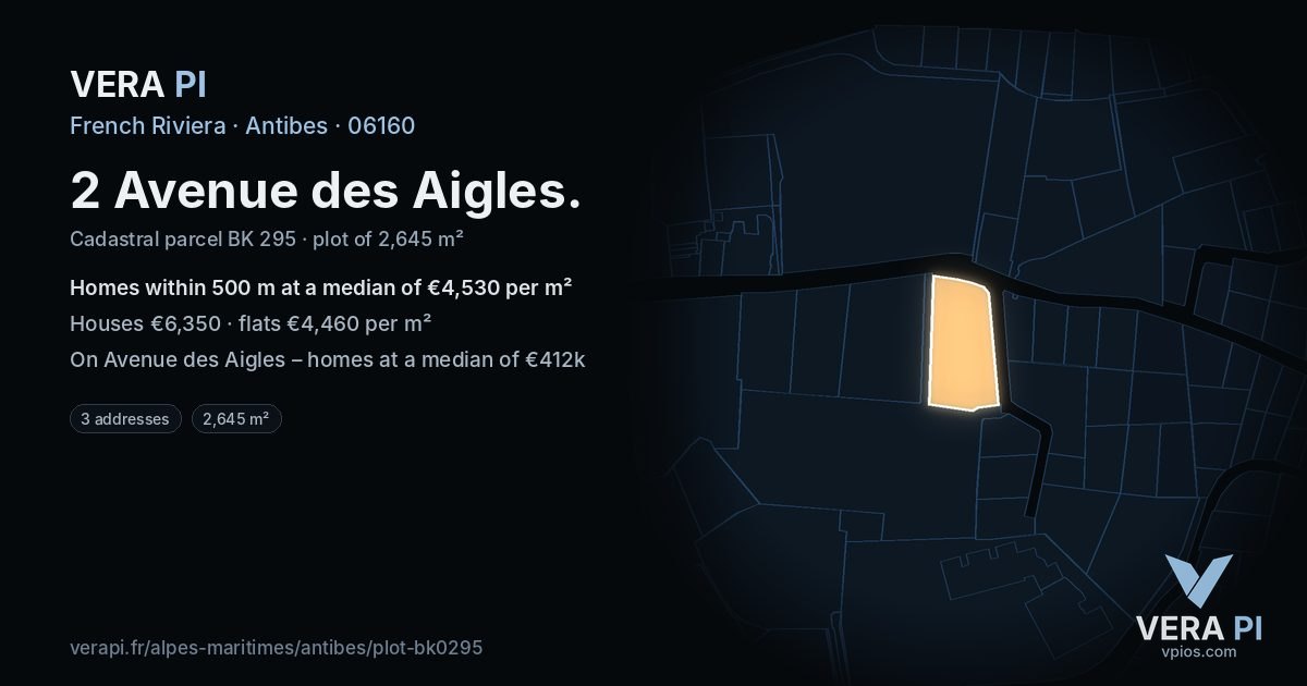 2 Avenue des Aigles, Antibes at night – the plot lit, the parcels around coloured by the prices near them