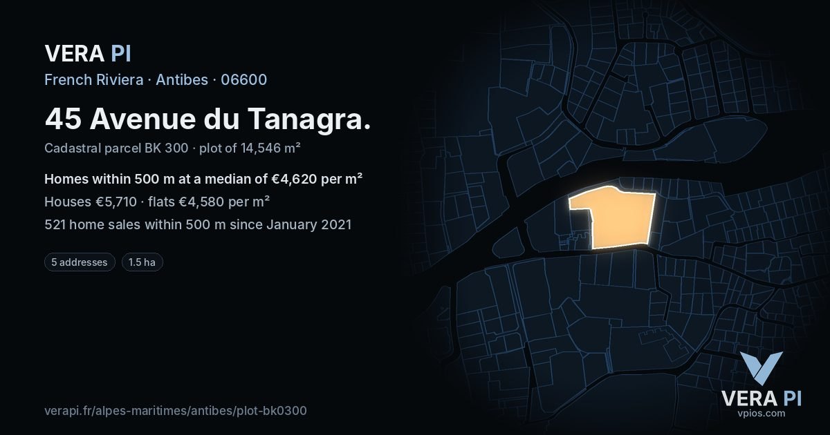 45 Avenue du Tanagra, Antibes at night – the plot lit, the parcels around coloured by the prices near them