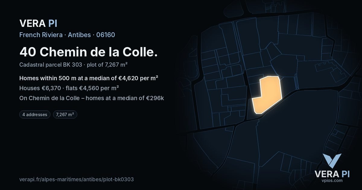 40 Chemin de la Colle, Antibes at night – the plot lit, the parcels around coloured by the prices near them