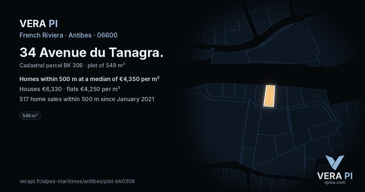 34 Avenue du Tanagra, Antibes at night – the plot lit, the parcels around coloured by the prices near them