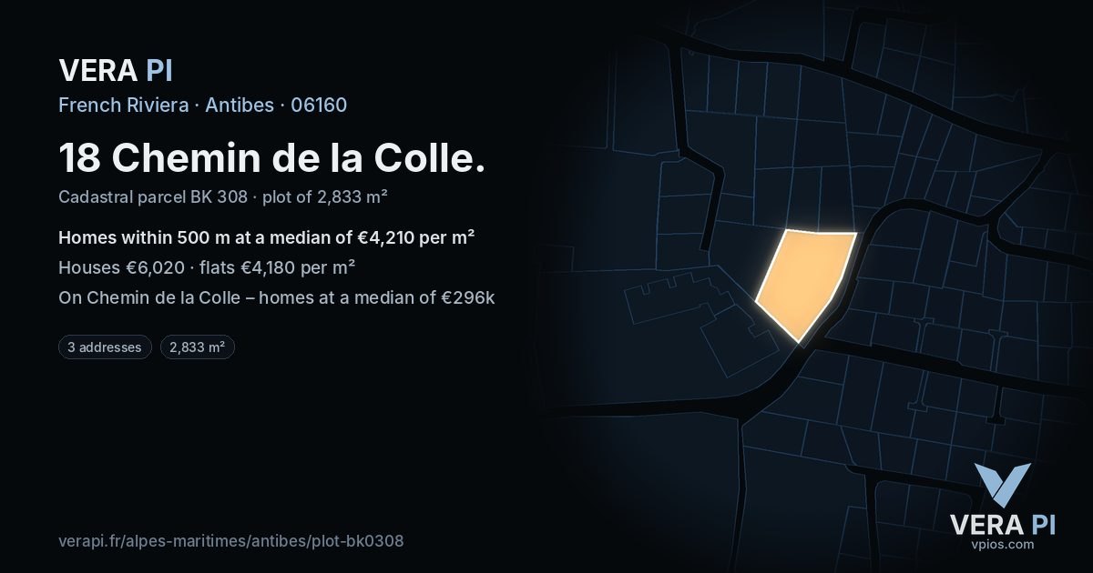 18 Chemin de la Colle, Antibes at night – the plot lit, the parcels around coloured by the prices near them