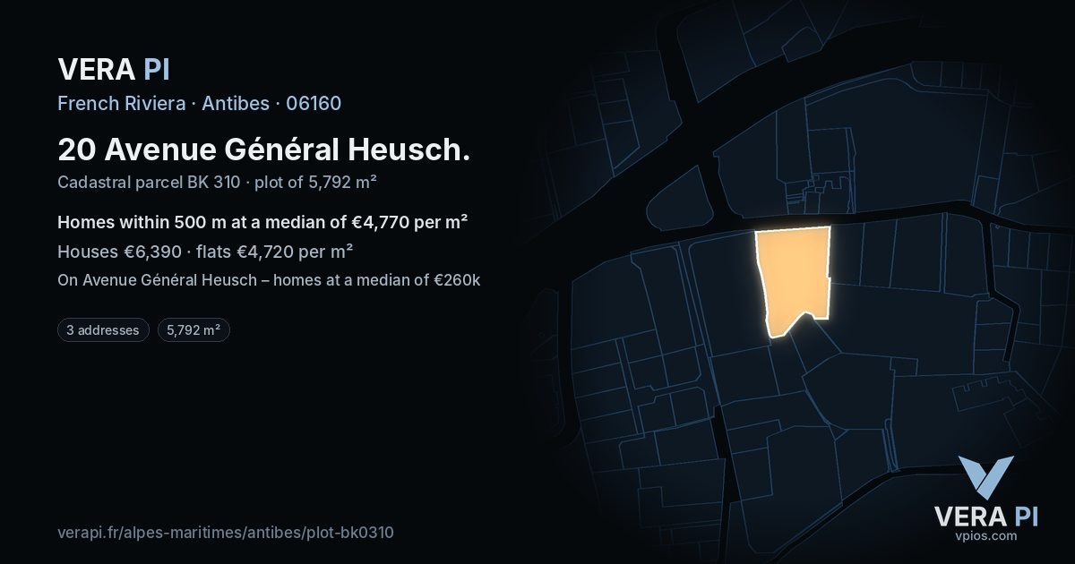 20 Avenue Général Heusch, Antibes at night – the plot lit, the parcels around coloured by the prices near them
