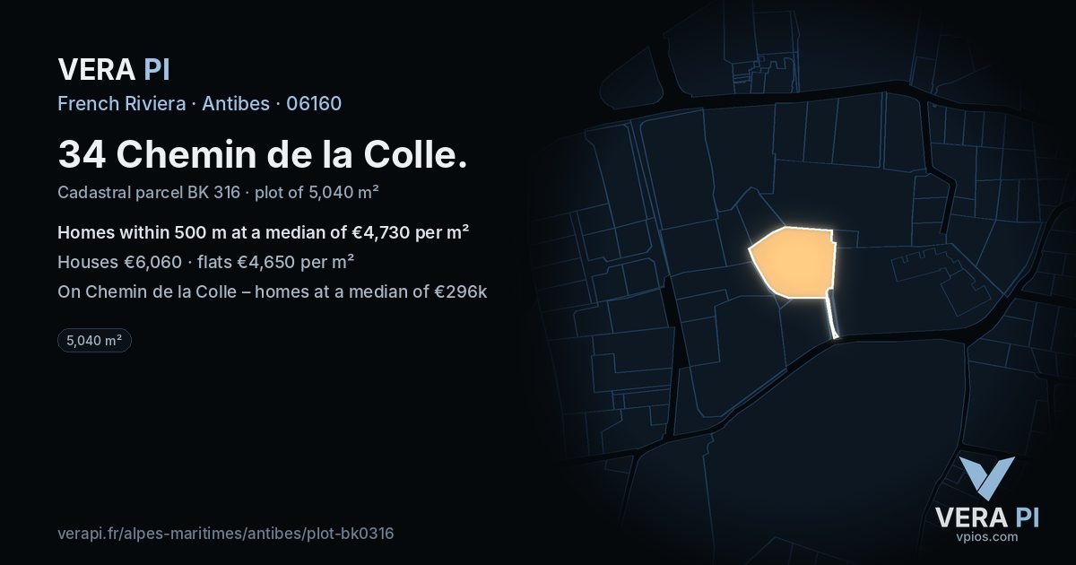 34 Chemin de la Colle, Antibes at night – the plot lit, the parcels around coloured by the prices near them