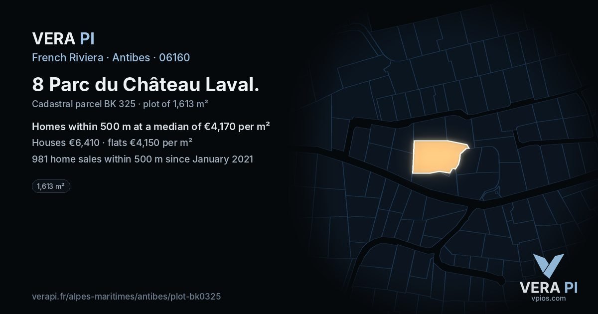 8 Parc du Château Laval, Antibes at night – the plot lit, the parcels around coloured by the prices near them