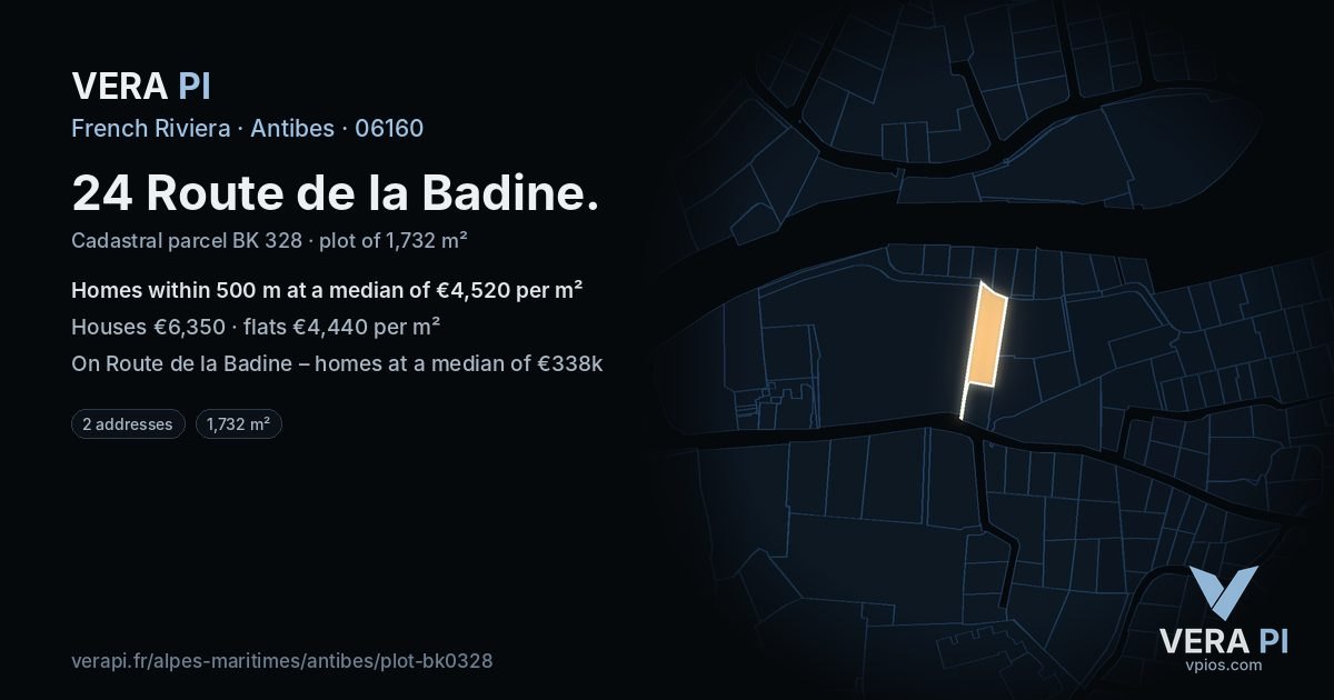 24 Route de la Badine, Antibes at night – the plot lit, the parcels around coloured by the prices near them