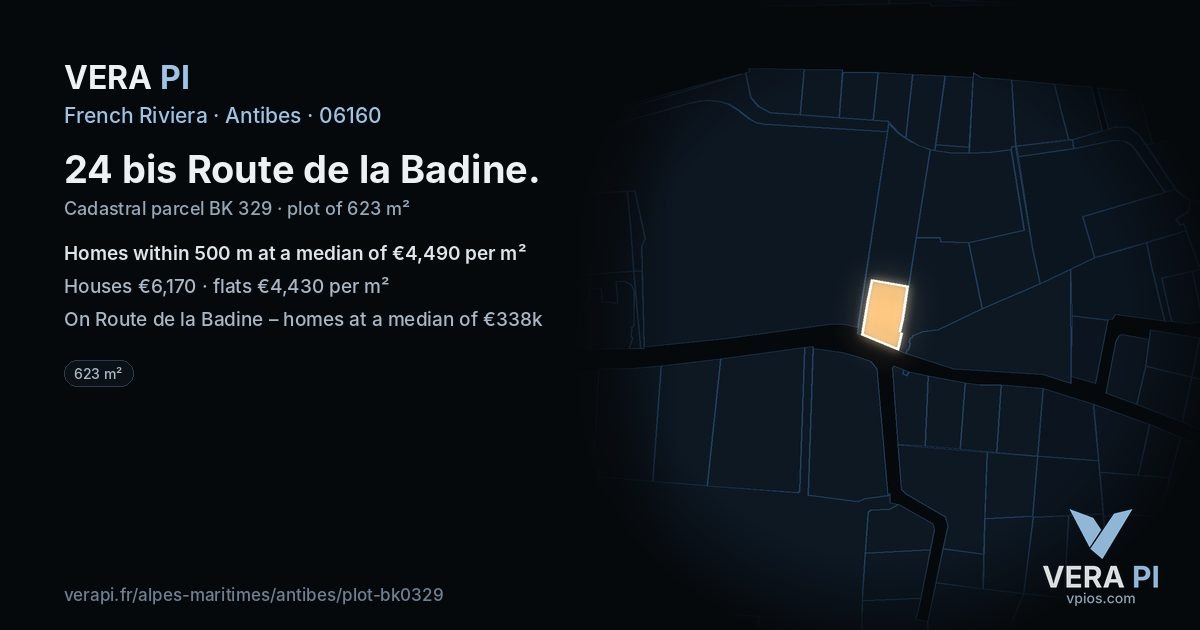 24 bis Route de la Badine, Antibes at night – the plot lit, the parcels around coloured by the prices near them