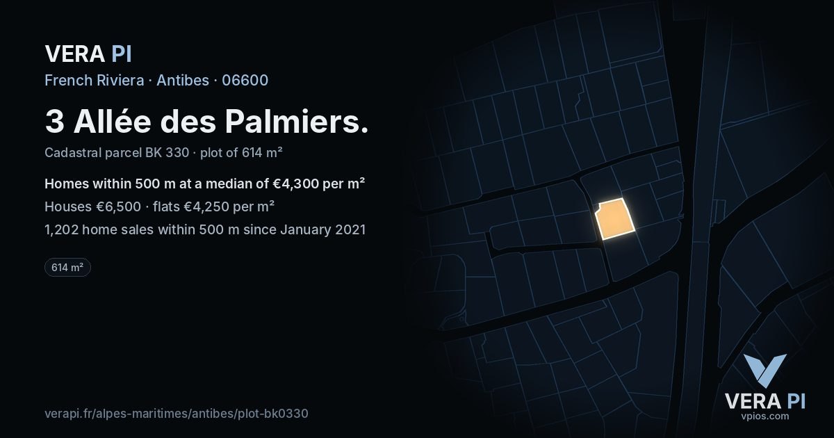 3 Allée des Palmiers, Antibes at night – the plot lit, the parcels around coloured by the prices near them