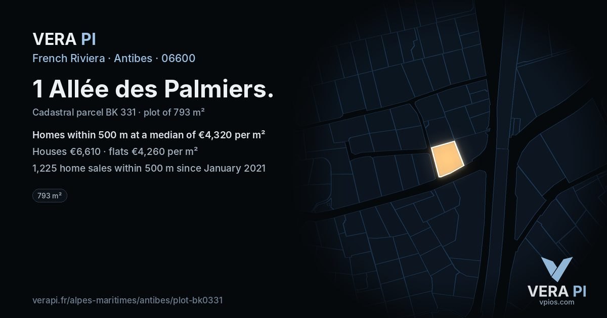 1 Allée des Palmiers, Antibes at night – the plot lit, the parcels around coloured by the prices near them
