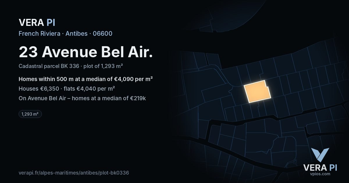 23 Avenue Bel Air, Antibes at night – the plot lit, the parcels around coloured by the prices near them