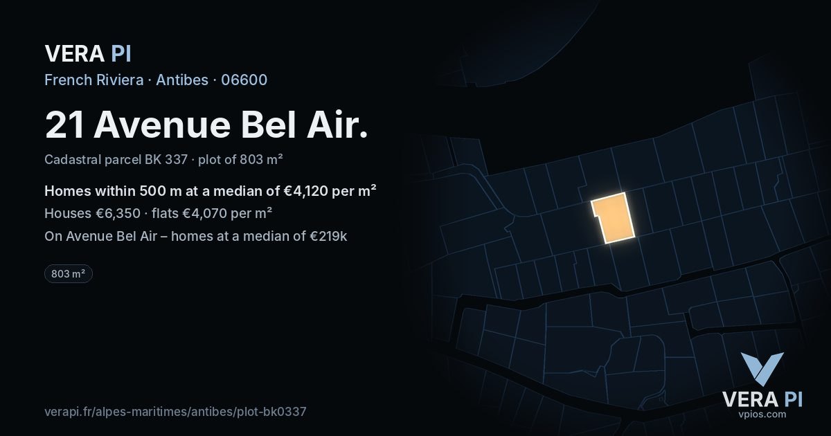 21 Avenue Bel Air, Antibes at night – the plot lit, the parcels around coloured by the prices near them