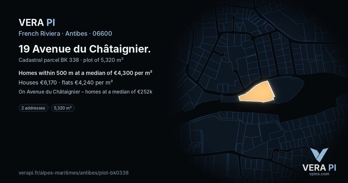 19 Avenue du Châtaignier, Antibes at night – the plot lit, the parcels around coloured by the prices near them