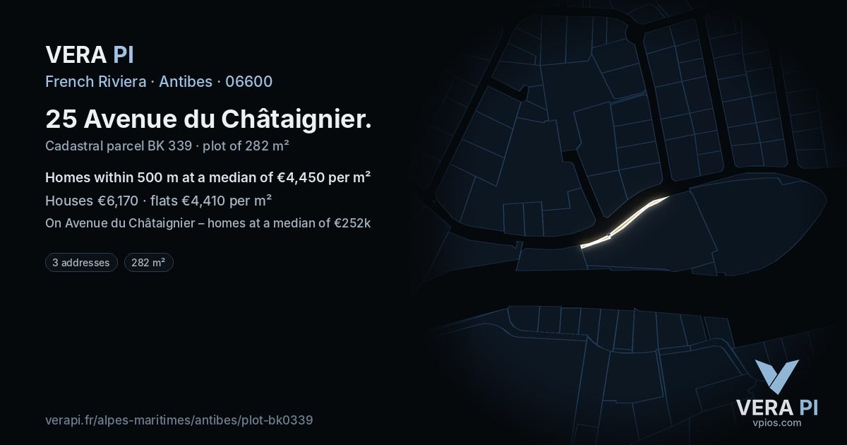 25 Avenue du Châtaignier, Antibes at night – the plot lit, the parcels around coloured by the prices near them
