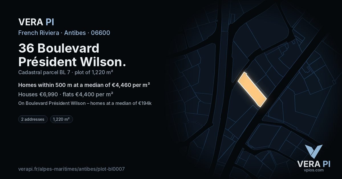 36 Boulevard Président Wilson, Antibes at night – the plot lit, the parcels around coloured by the prices near them