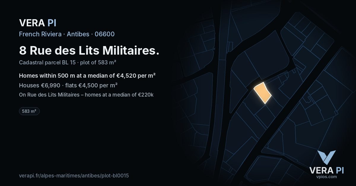 8 Rue des Lits Militaires, Antibes at night – the plot lit, the parcels around coloured by the prices near them