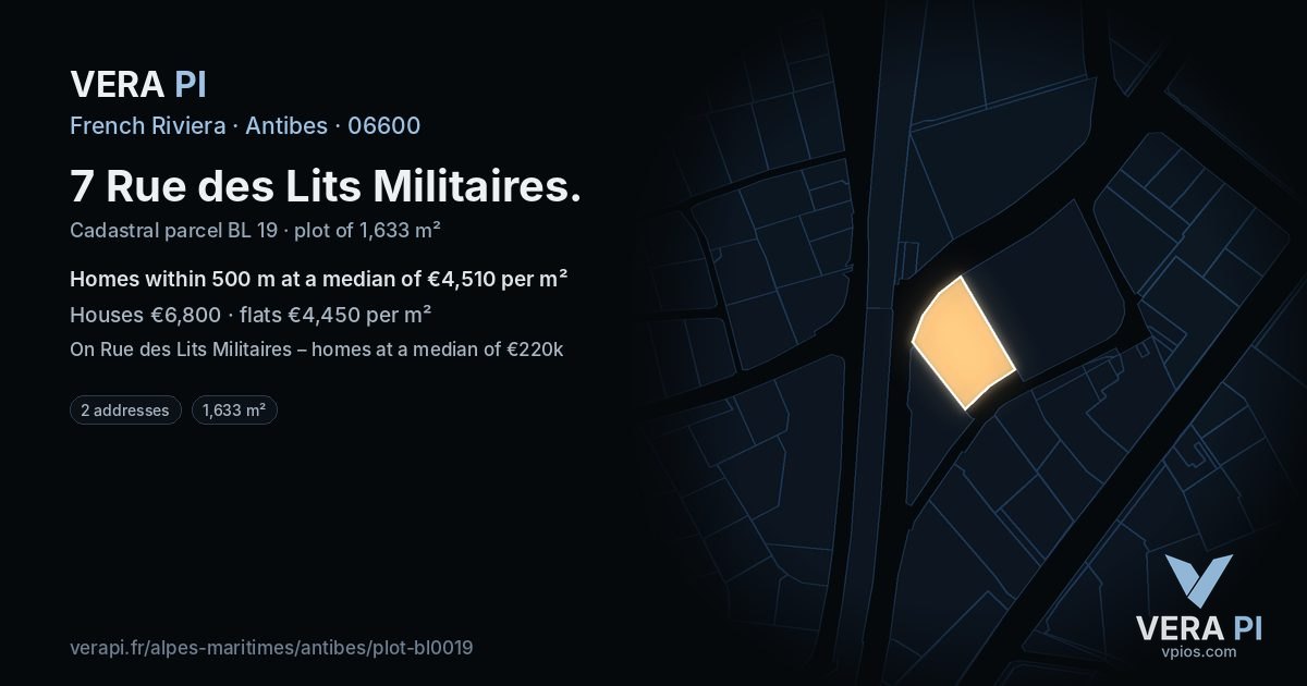 7 Rue des Lits Militaires, Antibes at night – the plot lit, the parcels around coloured by the prices near them