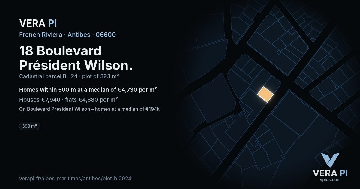 18 Boulevard Président Wilson, Antibes at night – the plot lit, the parcels around coloured by the prices near them