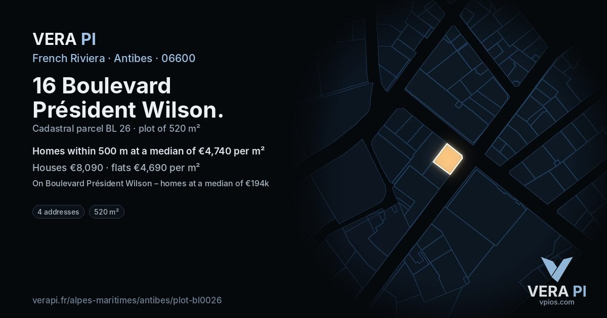 16 Boulevard Président Wilson, Antibes at night – the plot lit, the parcels around coloured by the prices near them