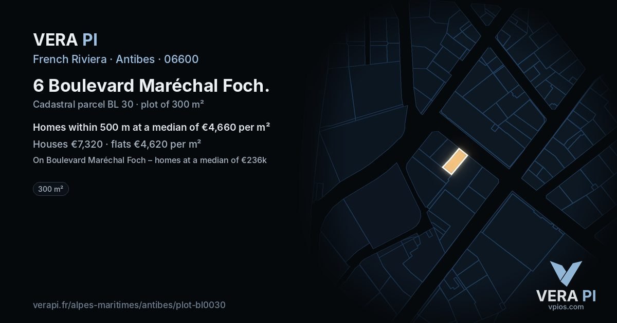 6 Boulevard Maréchal Foch, Antibes at night – the plot lit, the parcels around coloured by the prices near them