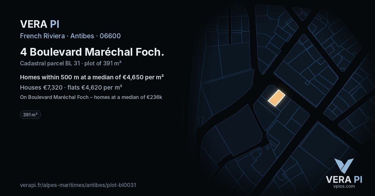 4 Boulevard Maréchal Foch, Antibes at night – the plot lit, the parcels around coloured by the prices near them