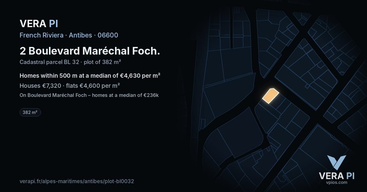 2 Boulevard Maréchal Foch, Antibes at night – the plot lit, the parcels around coloured by the prices near them
