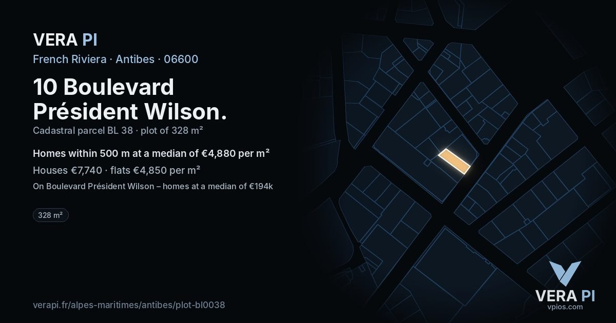 10 Boulevard Président Wilson, Antibes at night – the plot lit, the parcels around coloured by the prices near them