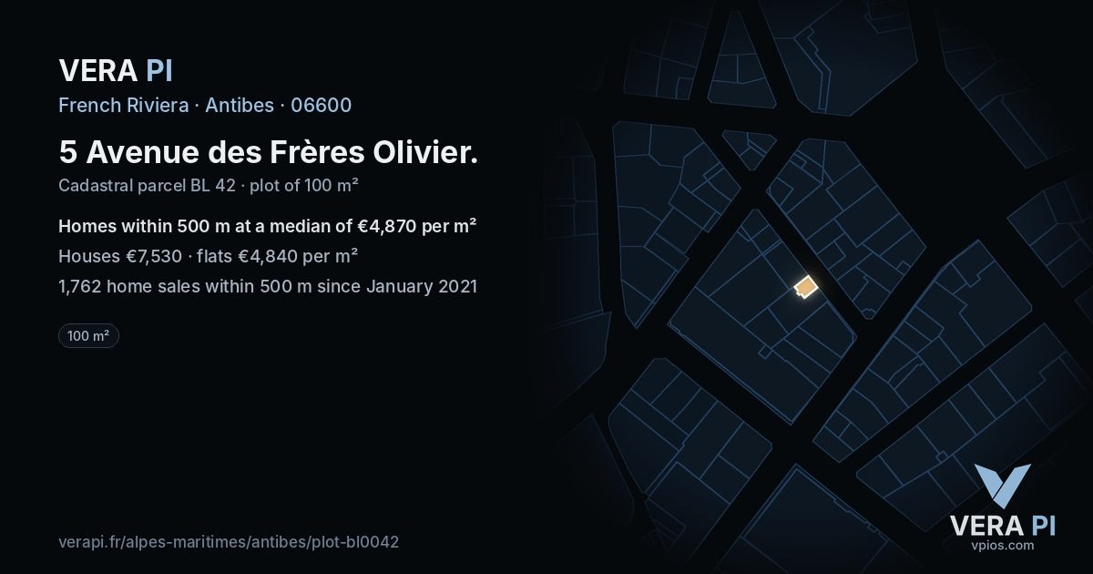 5 Avenue des Frères Olivier, Antibes at night – the plot lit, the parcels around coloured by the prices near them