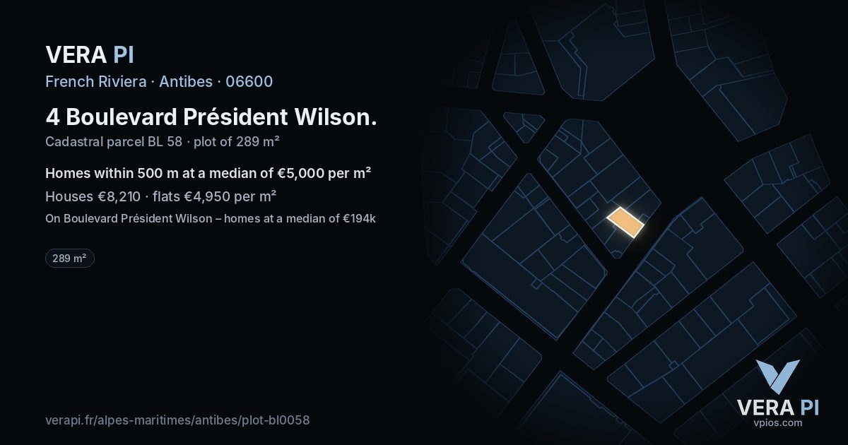 4 Boulevard Président Wilson, Antibes at night – the plot lit, the parcels around coloured by the prices near them