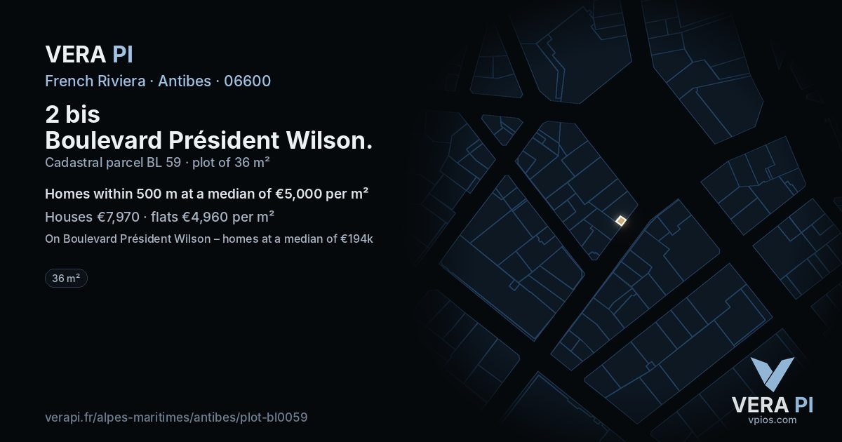 2 bis Boulevard Président Wilson, Antibes at night – the plot lit, the parcels around coloured by the prices near them