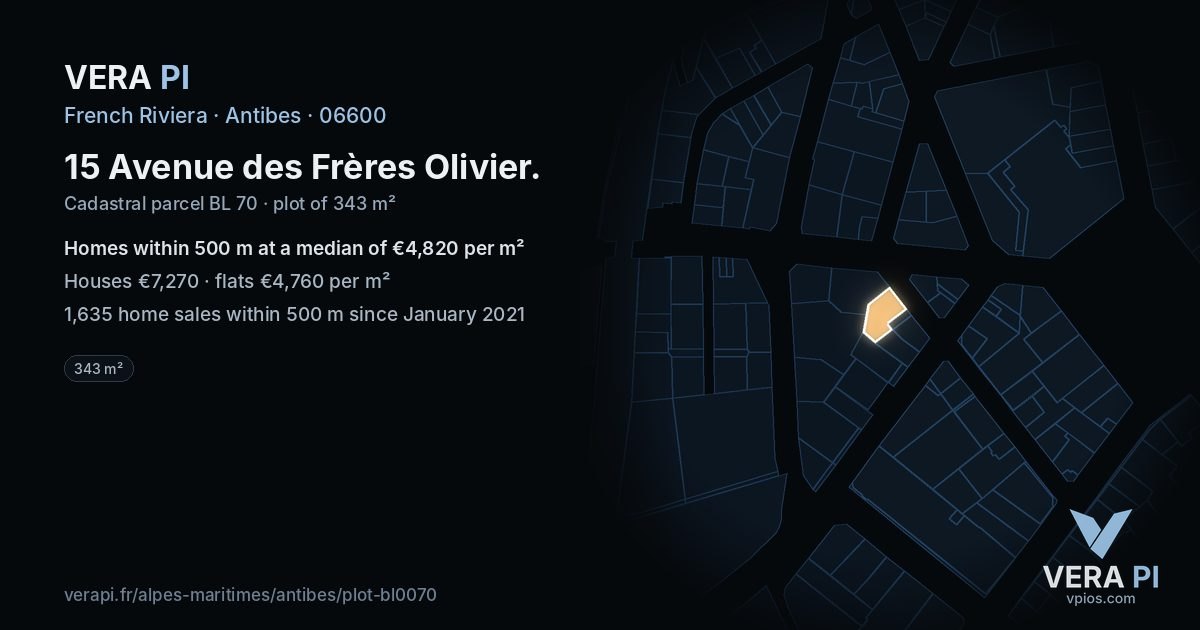 15 Avenue des Frères Olivier, Antibes at night – the plot lit, the parcels around coloured by the prices near them