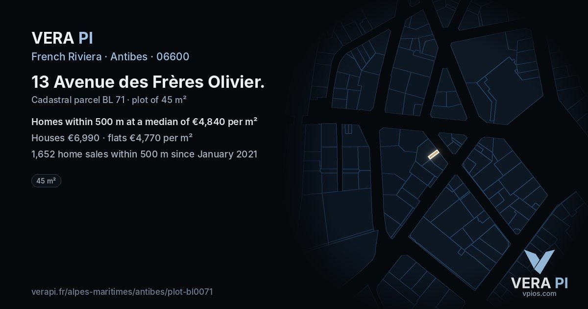 13 Avenue des Frères Olivier, Antibes at night – the plot lit, the parcels around coloured by the prices near them