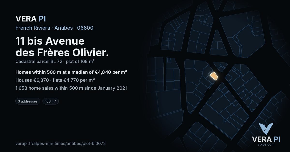 11 bis Avenue des Frères Olivier, Antibes at night – the plot lit, the parcels around coloured by the prices near them