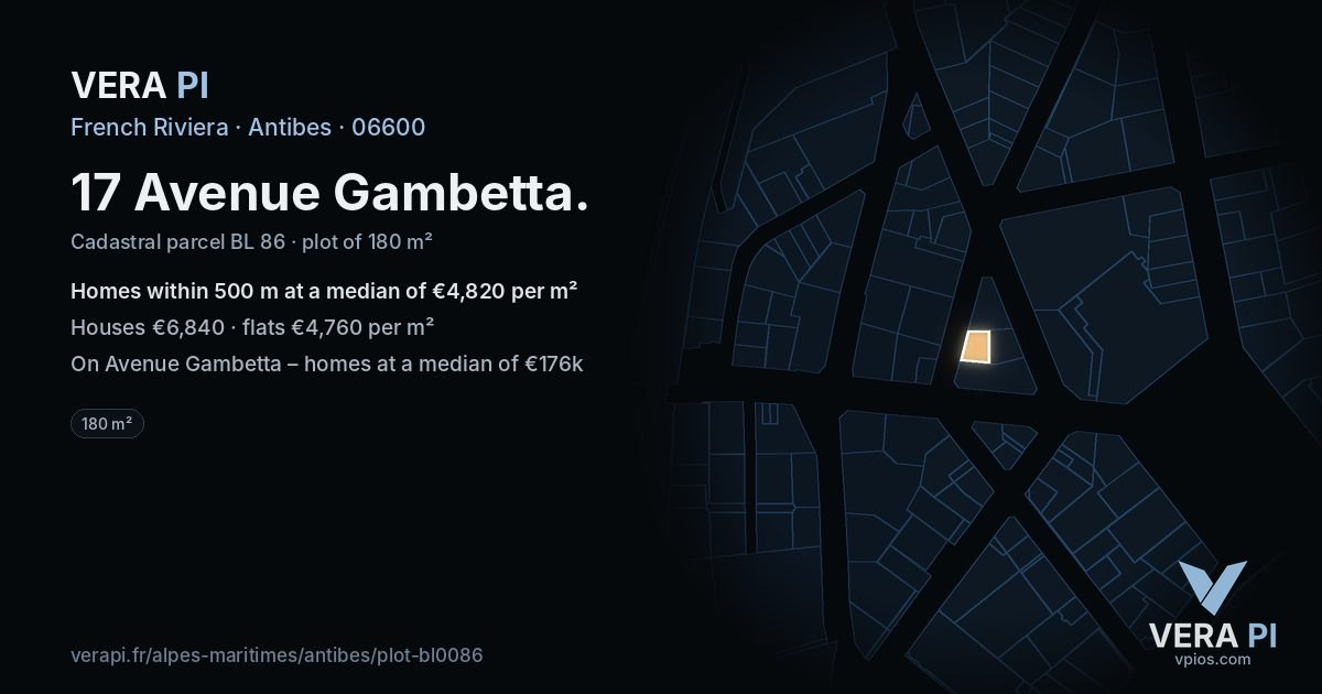 17 Avenue Gambetta, Antibes at night – the plot lit, the parcels around coloured by the prices near them
