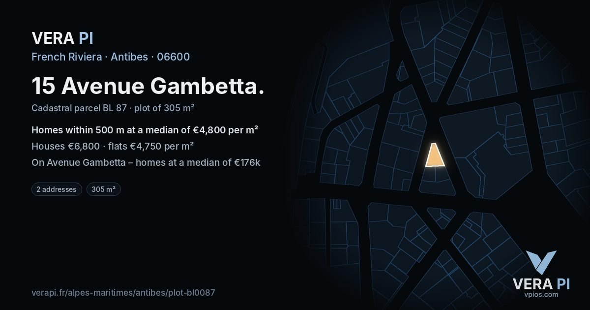 15 Avenue Gambetta, Antibes at night – the plot lit, the parcels around coloured by the prices near them