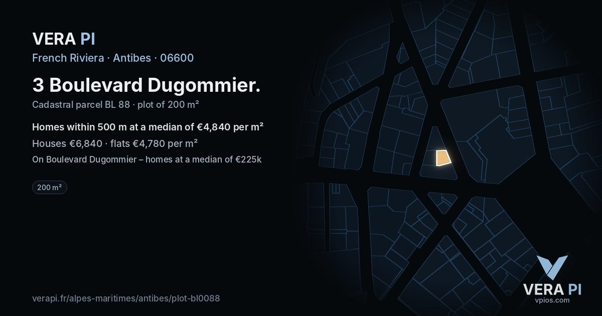 3 Boulevard Dugommier, Antibes at night – the plot lit, the parcels around coloured by the prices near them