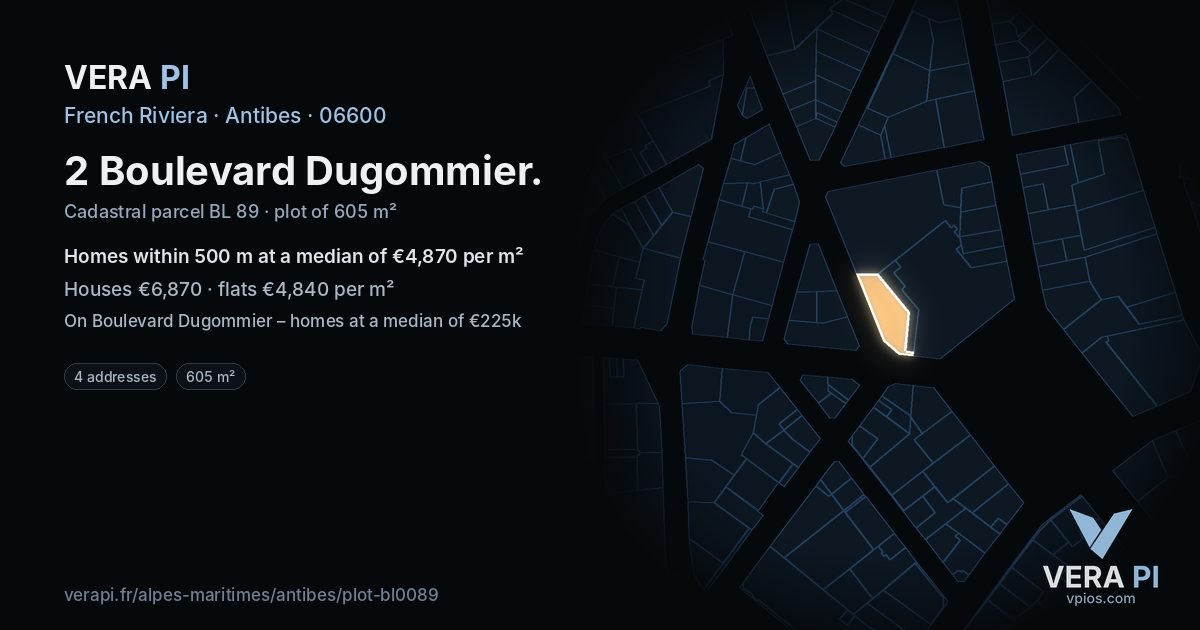 2 Boulevard Dugommier, Antibes at night – the plot lit, the parcels around coloured by the prices near them