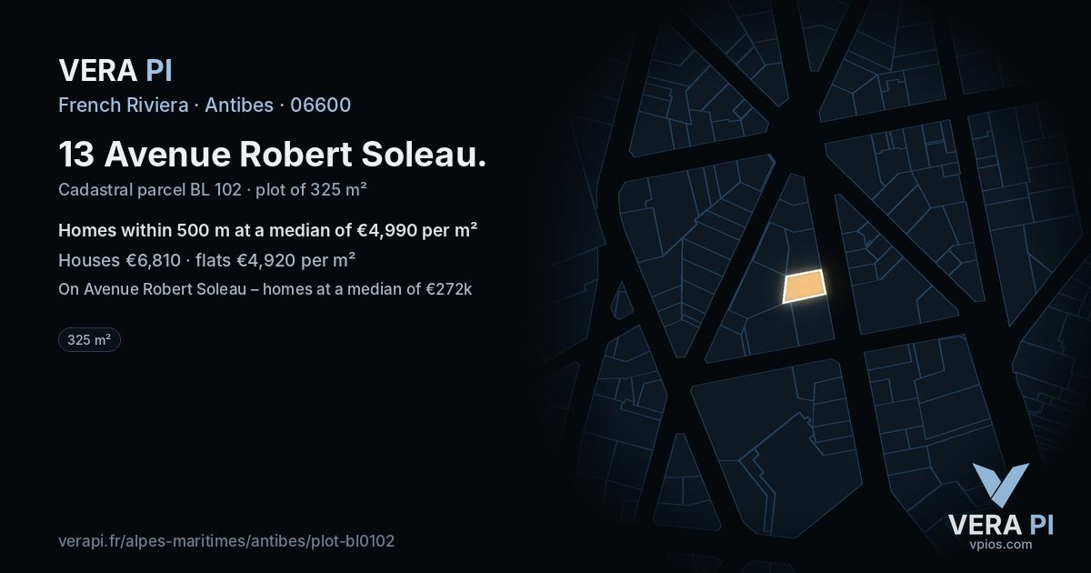13 Avenue Robert Soleau, Antibes at night – the plot lit, the parcels around coloured by the prices near them