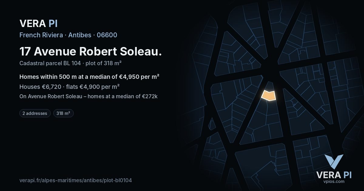 17 Avenue Robert Soleau, Antibes at night – the plot lit, the parcels around coloured by the prices near them