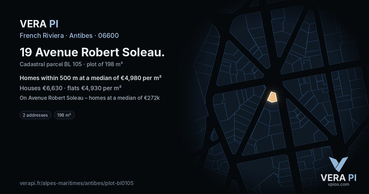 19 Avenue Robert Soleau, Antibes at night – the plot lit, the parcels around coloured by the prices near them