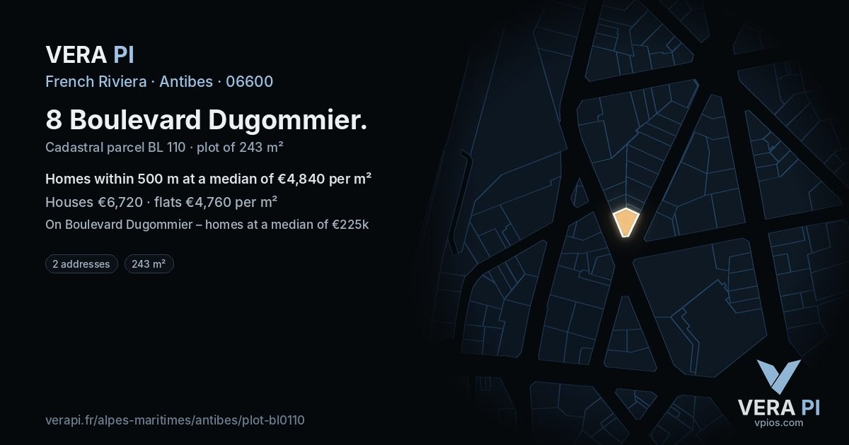 8 Boulevard Dugommier, Antibes at night – the plot lit, the parcels around coloured by the prices near them