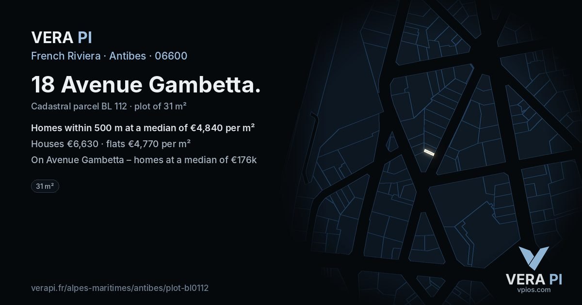18 Avenue Gambetta, Antibes at night – the plot lit, the parcels around coloured by the prices near them