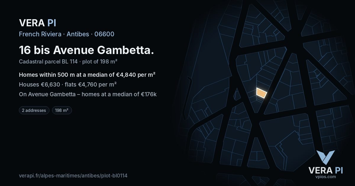 16 bis Avenue Gambetta, Antibes at night – the plot lit, the parcels around coloured by the prices near them