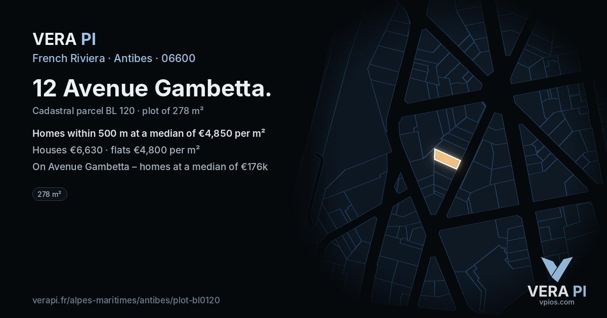 12 Avenue Gambetta, Antibes at night – the plot lit, the parcels around coloured by the prices near them