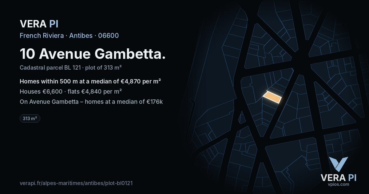 10 Avenue Gambetta, Antibes at night – the plot lit, the parcels around coloured by the prices near them