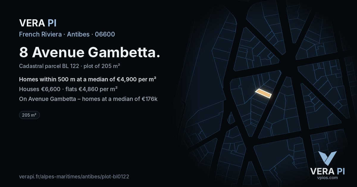 8 Avenue Gambetta, Antibes at night – the plot lit, the parcels around coloured by the prices near them