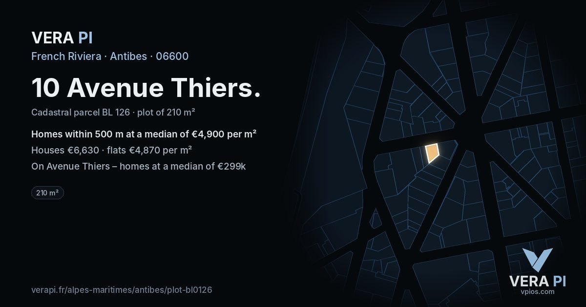 10 Avenue Thiers, Antibes at night – the plot lit, the parcels around coloured by the prices near them