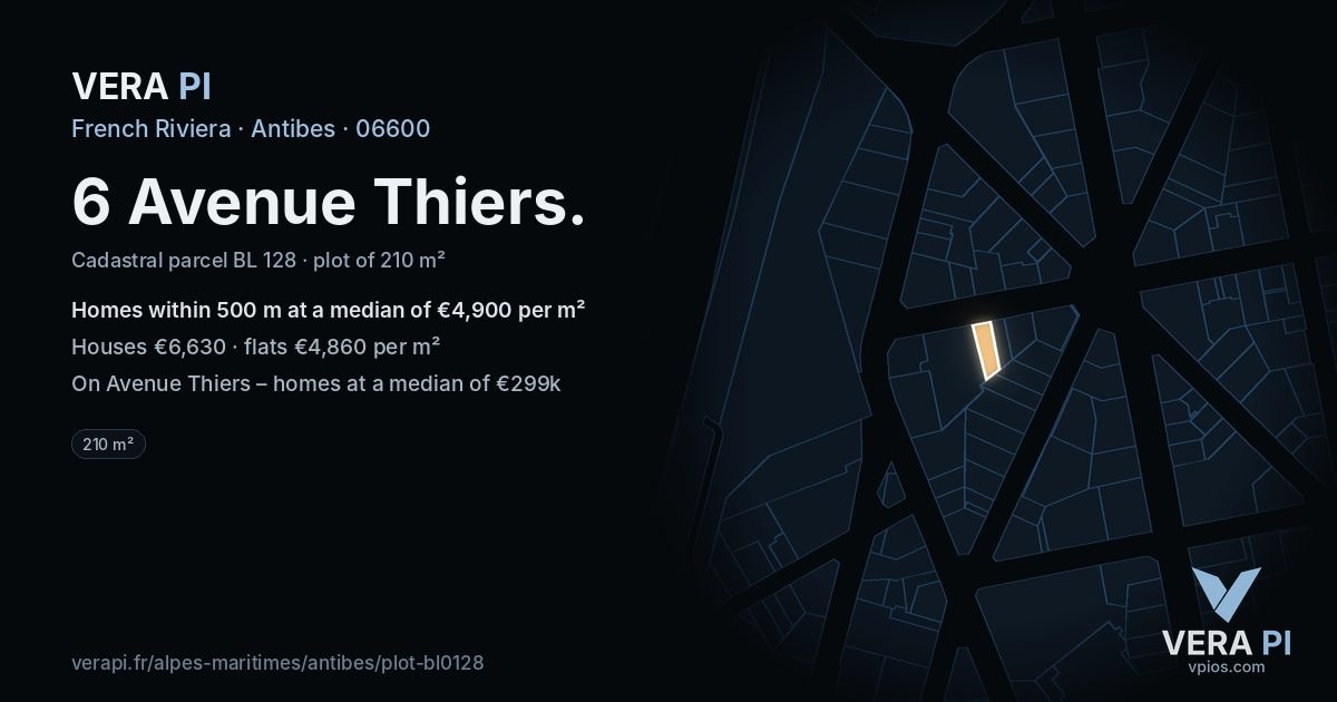6 Avenue Thiers, Antibes at night – the plot lit, the parcels around coloured by the prices near them