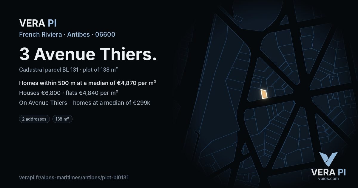 3 Avenue Thiers, Antibes at night – the plot lit, the parcels around coloured by the prices near them